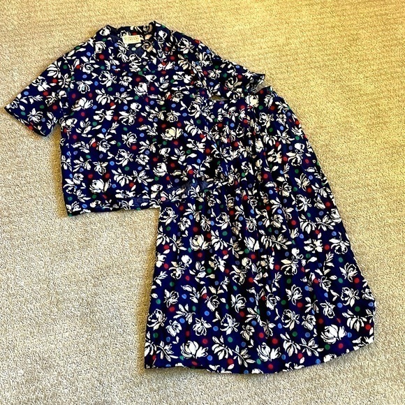 Vintage Pendleton 2PC Blue Floral Blouse and Skirt Set